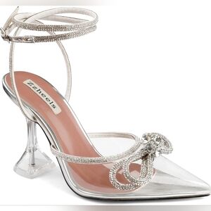 NEW Bowknot Clear Heel Crystal Slingback Ankle-Wrap Sandals (Silver) - Zzheels